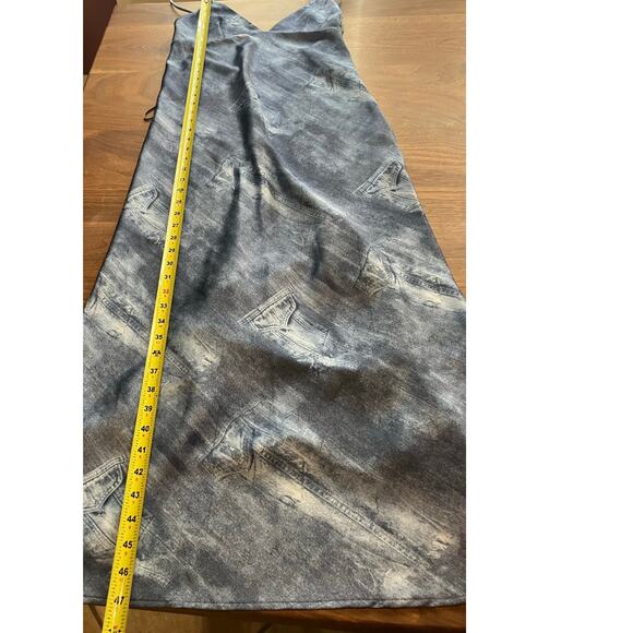 Zara XS Dress Spaghetti Strap Backless Denim-Print Long Satin Lightweight - Picture 7 of 9